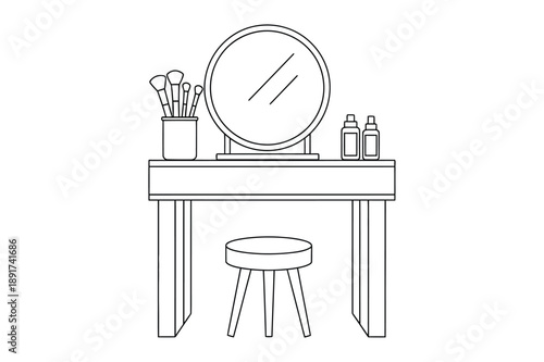 Vanity table with mirror, makeup brushes, and perfume bottles