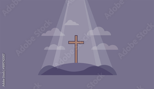 Religious cross standing on hill under bright beams of light with purple clouds,Good Friday