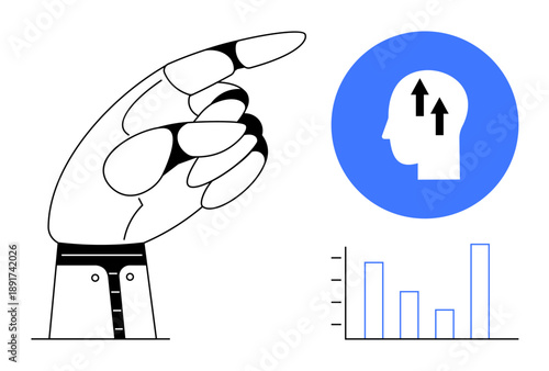 Growth concept. Growth is illustrated via a hand signaling progress, a head with upward arrows, and a bar graph. Growth for business optimization, skill enhancement, education, data trends