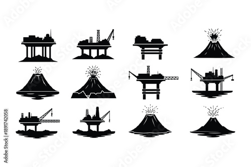 Oil Rigs and Volcanoes Icons Collection