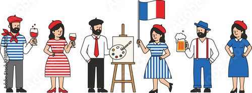 French People Culture Illustration Set Traditional Clothing Food Wine Art And Lifestyle Characters From France