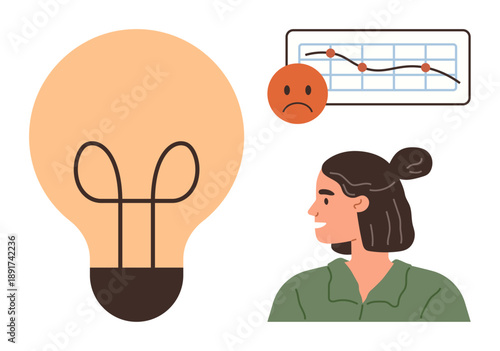 Business challenges, problem-solving, creativity, innovation, emotional impact, professional growth. Woman next to a sad graph and a lightbulb. Business challenges and problem-solving concept