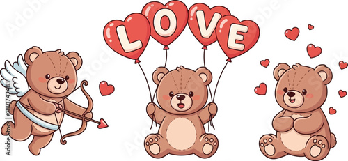 Capybara valentines day collection, capybaras with hearts and wings vector illustration, cute teddy bear with hearts and love balloons, valentine illustration Set