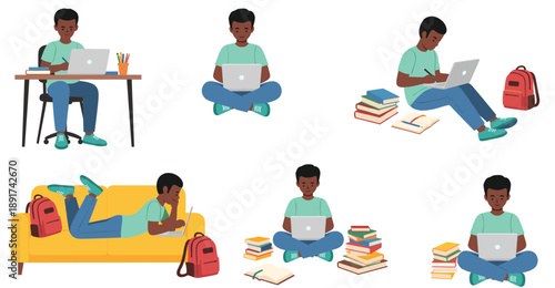 Student Studying With Laptop Illustration Set Online Learning Education Home Study School And College Concept