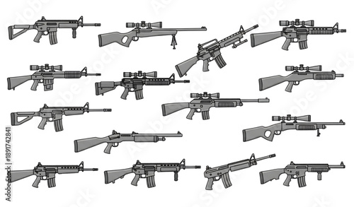 Hand drawn outline modern firearms icon set isolated on transparent background