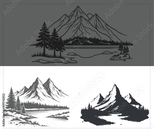 Mountain landscapes with trees and lakes in black and white
