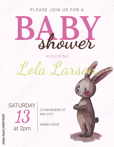 Party invitation. Baby shower. Layout featuring a cute bunny on a pink background.