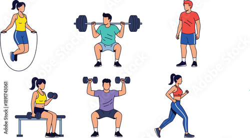 Fitness Workout Exercises Illustration Set With Men And Women Training Strength Cardio And Gym Activities
