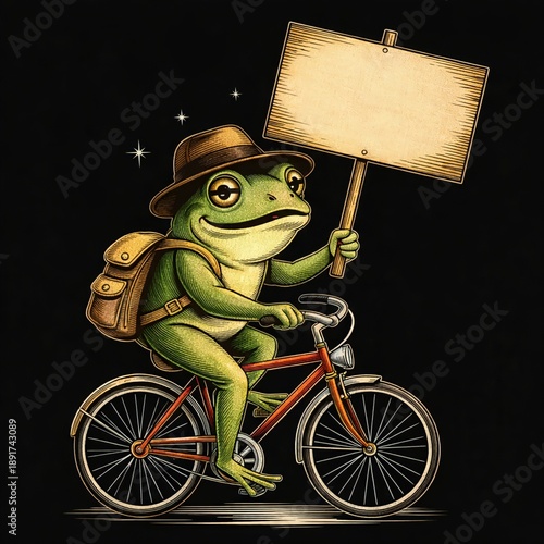 Cartoon Frog with Backpack on Bike