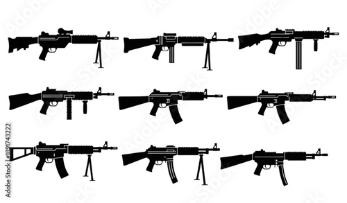 Machine gun silhouette vector set black weapon shapes isolated on transparent background