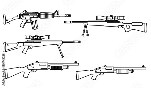Stylized cartoon military firearms icon set isolated on transparent background