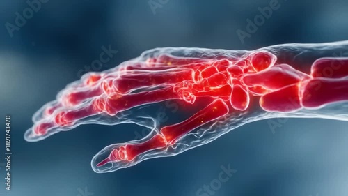 Human hand bones glowing with inflammation against dark blue background