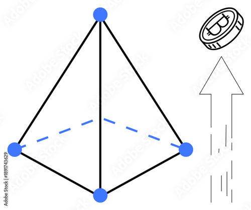 Innovation, investment, growth strategies, conceptual frameworks, economic theories, resource allocation. A geometric pyramid and an upward arrow with a coin. Innovation and investment concept