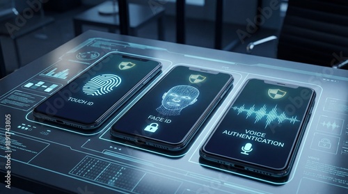 Smartphones displaying various biometric security methods including touch id face id and voice authentication on a digital futuristic interface table for data protection concepts