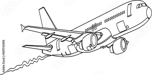 Commercial Airplane Line Art Illustration with Passenger Jet Aircraft, Aviation Transportation Concept, Takeoff Flight Scene, and Clean Outline Vector Design