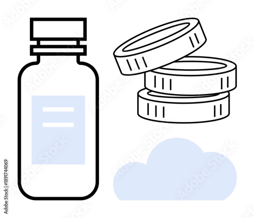 Healthcare innovation, digital finance, telemedicine, prescription technology, cloud storage, modern medicine. A bottle, coins and a cloud icon. Healthcare innovation and digital finance concept