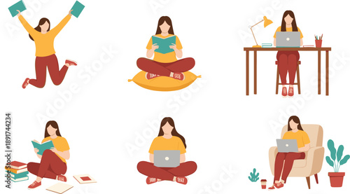 Student Studying at Home Illustration Set Showing Young Woman Reading Books, Using Laptop, and Learning Online for Education and Lifestyle Design