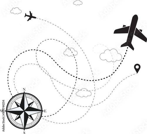 Airplane route map illustration with compass and dotted flight path. Travel navigation concept showing journey direction and location marker. Clean vector graphic for tourism, aviation, and route plan