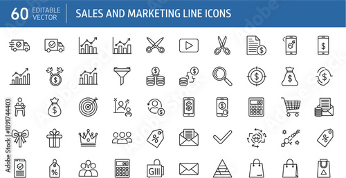 Sales and Marketing Line Icon Set with Analytics, Revenue, Pricing, Ecommerce, Promotion, and Business Strategy Symbols Editable Vector Collection