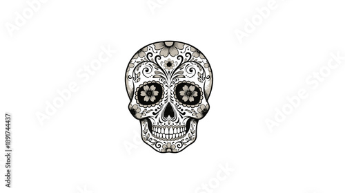 Ornate Skull with Floral and Heart Designs for Day of the Dead Celebration