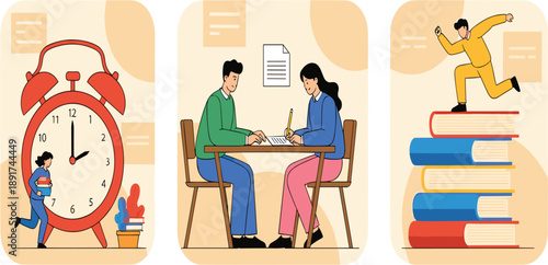 Study Motivation and Learning Progress Illustration Set with Time Management, Collaborative Studying, Academic Achievement, Reading Books, and Educational Growth Concepts