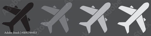 Airplane icon set showing multiple grayscale styles. Clean aircraft silhouette collection for aviation and travel design. Ideal for UI, infographic, and transport concept use.