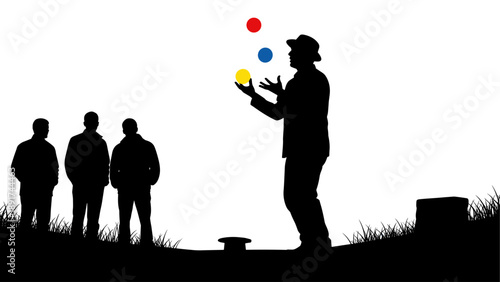 Silhouette of a Juggler Entertaining an Audience with Colorful Balls Mystery