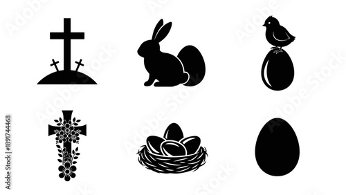 Easter Symbols: Chicken Bunny Eggs and Religious Cross in Vector Black and White