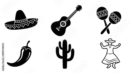 Mexican Fiesta Elements: Sombrero Guitar Dancer Maracas Cactus and Chili Icon Art