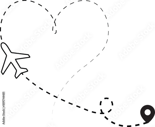 Dashed airplane route forming heart shape with destination pin. Minimal travel love line illustration isolated on white background. Ideal for romantic journey, wedding travel, and Valentine design.