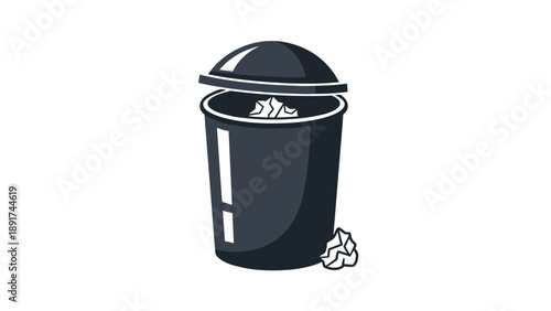 Sideways Trash Can Overflowing with Paper Scrap is Depicted in Cartoon Style Art