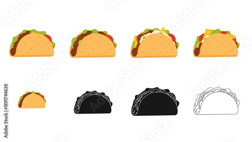 Varied Taco Illustrations: Culinary Icons in Color Silhouette and Line Art Design