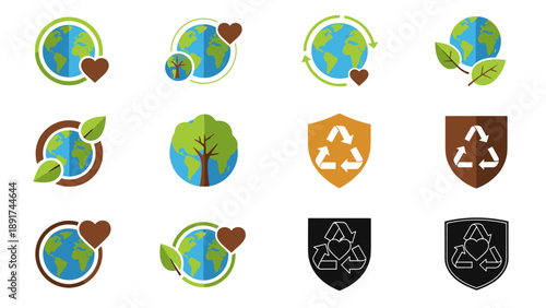 Earth Protection Icons Set Representing Ecology Recycling and Environmental Care