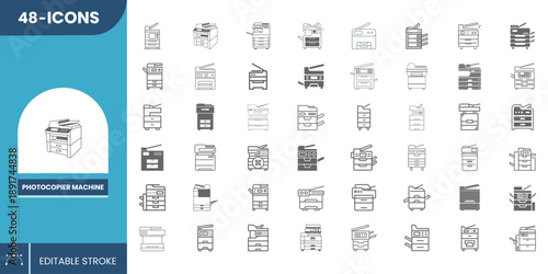 Icon Set of Photocopier Machine Editable Vector – Office Copy Printer Icons for Business, Corporate Workspace, Document Scanning & Printing Solutions