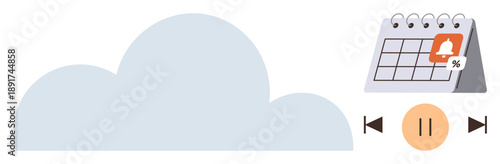 Cloud storage, task management, event planning, digital organization, media control, productivity tools. A cloud icon, a calendar with a notification and media control symbols. Cloud storage