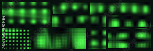 Set of bitmap pixel background with green gradient pattern and 8bit art. Glitch video game design.
