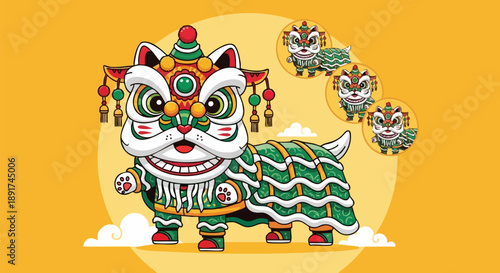 Vibrant green traditional Chinese lion dance costume illustration celebrating festive cultural heritage and joyful occasions