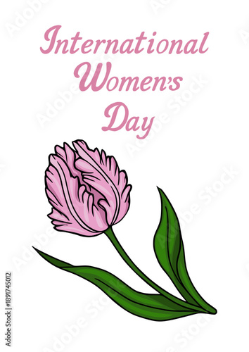 International Women's Day poster vector illustration with a pink tulip and green leaves