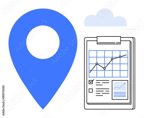 Location tracking, data analysis, navigation, progress monitoring, geotagging, business insights. Blue location pin and analytics clipboard with charts and graphs. Location tracking and data analysis