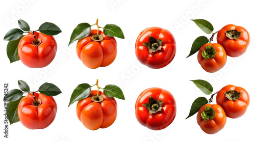 Persimmon fruit set with green leaves isolated on transparent background for food marketing