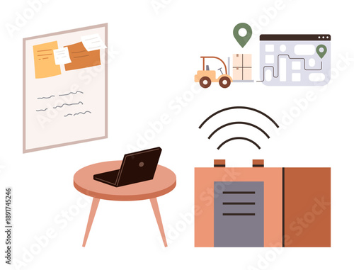 Smart logistics, warehouse systems, supply chain tech, route navigation, modern delivery, task organization. A laptop, map forklift and planning tools. Logistics and warehouse management concept
