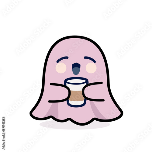Cute little ghost character enjoying a drink on a white background 