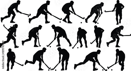 Black Field Hockey Player Silhouettes Set Isolated on White Background Featuring Athletic Men and Women Figures Dribbling Passing Shooting and Playing Competitive Sports
