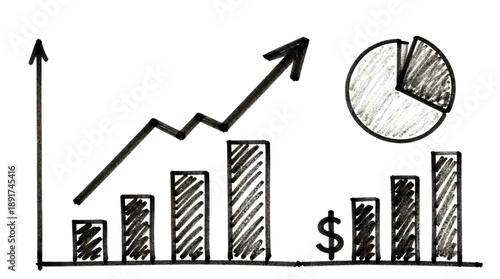 Hand drawn sketch depicting growth chart with rising line graph and pie chart