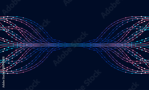 Curved multicolor lines and floating particles diverging from center on dark background, symbolizing data visualization, AI learning, and digital flow.