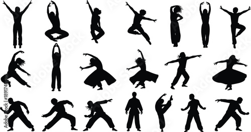 Large collection of active people silhouettes performing dance moves, martial arts poses, and fitness exercises for creative sports, wellness, and expressive artistic motion design concepts