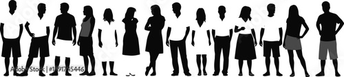 Large collection of diverse men and women silhouettes standing in various casual poses for community group, social gathering, and inclusive teamwork corporate business concepts. (E