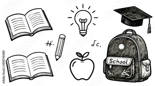 Sketch of school supplies including books a backpack and a graduation cap