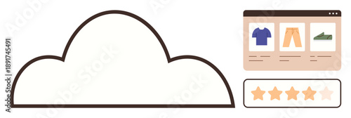 E-commerce, cloud storage, online shopping, customer reviews, digital services, web solutions. Cloud graphic, product page and star ratings . E-commerce and cloud storage concepts