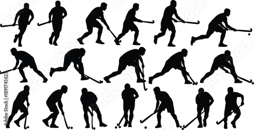 Set of Professional Field Hockey Player Silhouettes Isolated on White Background Featuring Athletic Figures Dribbling Passing Shooting and Playing Competitive Team Sports in Action